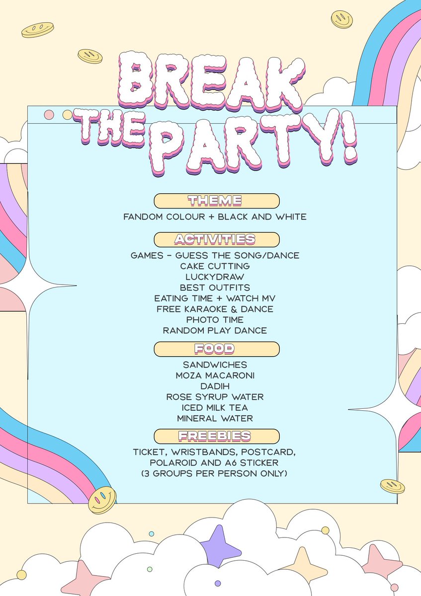 • COMING SOON • 

BREAK THE PARTY [reschedule]

DATE : 1 October 2022 (Sat) 
TIME : 1pm - 5pm
VENUE : Cloud 16

#BreakTheParty #GOT7 #BTS  #SEVENTEEN   #EXO #NCT #NCTDREAM #NCT127 #WAYV #STRAYKIDS #THEBOYZ #ATEEZ #TXT   #ENHYPEN #TREASURE