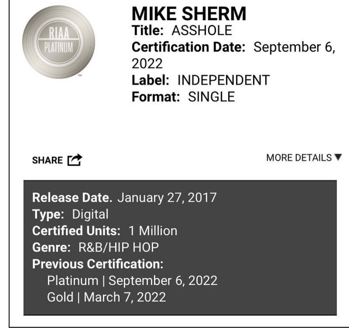 Mike Sherm “Asshole” is officially platinum