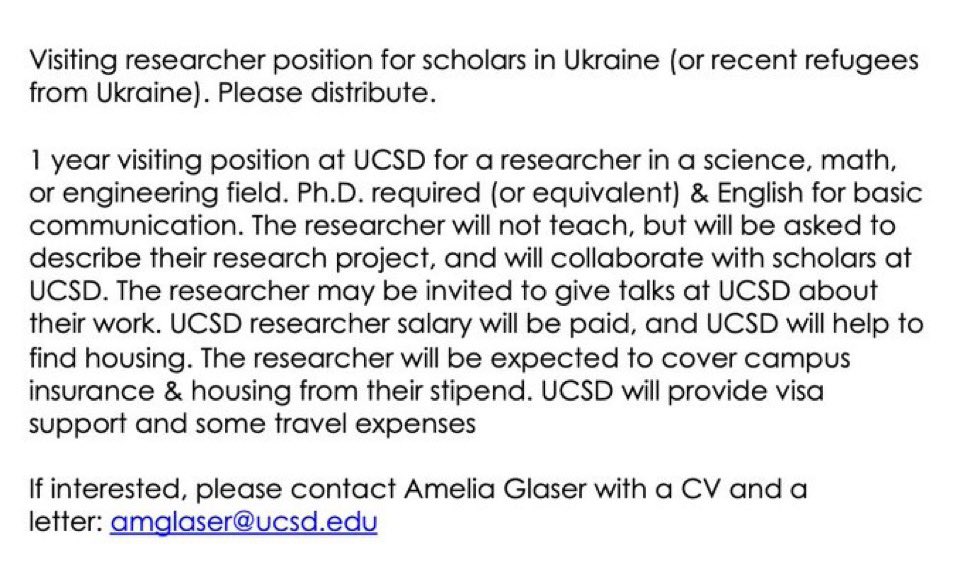 Lera Boroditsky (@leraboroditsky) on Twitter photo Scientists in Ukraine - we have a visiting researcher position open at UCSD for researchers in Science, Technology, Engineering or Mathematics.
If interested, please contact Amelia Glaser with a CV and a letter: amglaser@ucsd.edu Scientists in Ukraine - we have a visiting researcher position open at UCSD for researchers in Science, Technology, Engineering or Mathematics.
If interested, please contact Amelia Glaser with a CV and a letter: amglaser@ucsd.edu
