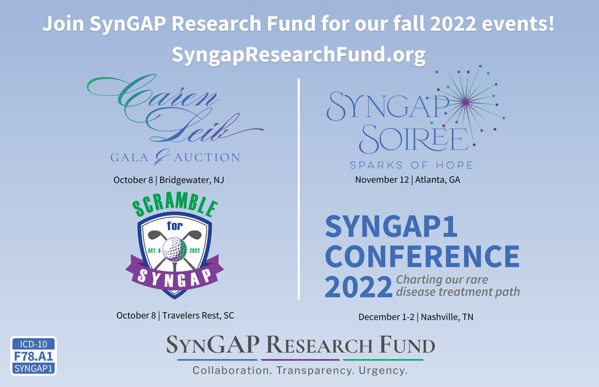 cureSYNGAP1's tweet photo. #SRF has4️⃣events this Fall!
1️⃣#SyngapGala #clg2 | 10/8 | NJ
https://t.co/CpjdeldBxT
2️⃣#Scramble4Syngap | 10/8 | SC
https://t.co/cvWB3uelaV
3️⃣#SyngapSoiree | 11/12 | GA
https://t.co/JM6CDCVgEn
4️⃣#Syngap1Conf22 | 12/1 & 12/2 | TN
https://t.co/bvW6Jgds8o https://t.co/CkfLwEhtcF