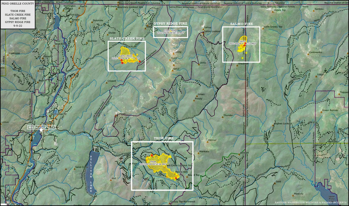 EWFIREANDHAZARD's tweet image. Thor Fire – Slate Fire – Salmo Fire – Gypsy Ridge Fire
#PendOreilleCounty, #Washington
September 9, 2022 Update
• #ThorFire: 1276 Acres
• #SlateFire: 597 Acres
• #SalmoFire: 320 Acres
• #GypsyRidgeFire: 17 Acres