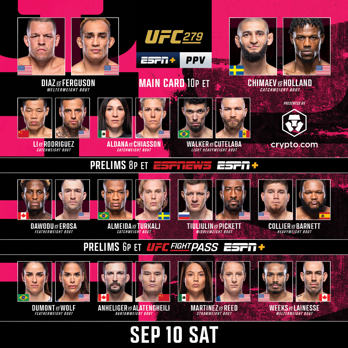 ufc's tweet photo. After a wild 24 hours, fight day is 𝐅𝐈𝐍𝐀𝐋𝐋𝐘 𝐇𝐄𝐑𝐄 🙌 

💥#UFC279 goes down starting at 6pmET!

[ B2YB @CryptoCom | Catch the main card action LIVE on ESPN+ PPV 🔗 https://t.co/8uiusbbEfT ] https://t.co/do02FNqkkN