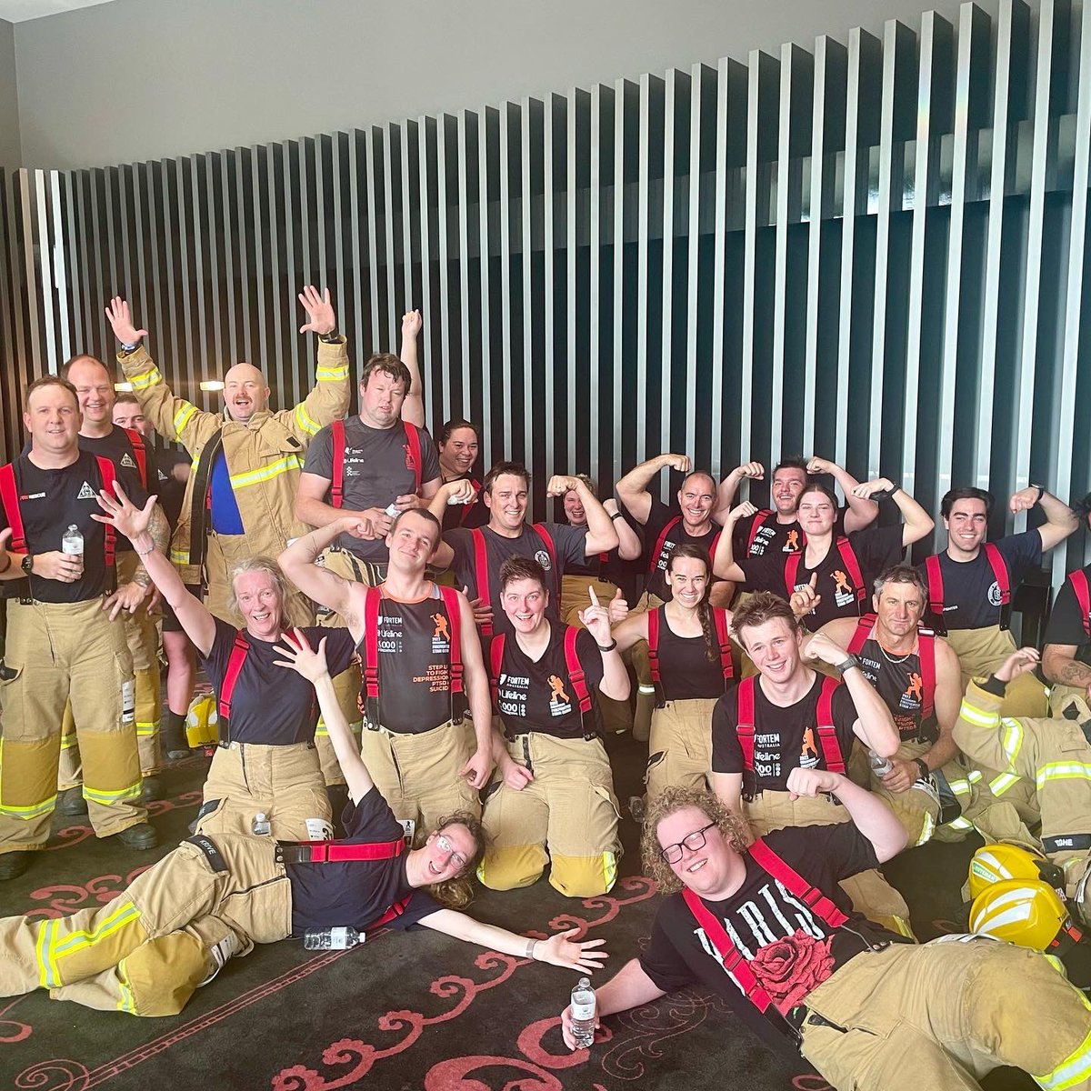 CFA_Updates's tweet photo. Well done to the hundreds of CFA volunteers and emergency service personnel that climbed 28 floors of Crown Metropol for the #MFSC22. Together, firefighters raised over $500k for mental health services including Lifeline, Fortem and 000Foundation. https://t.co/FD3MQ5uALJ