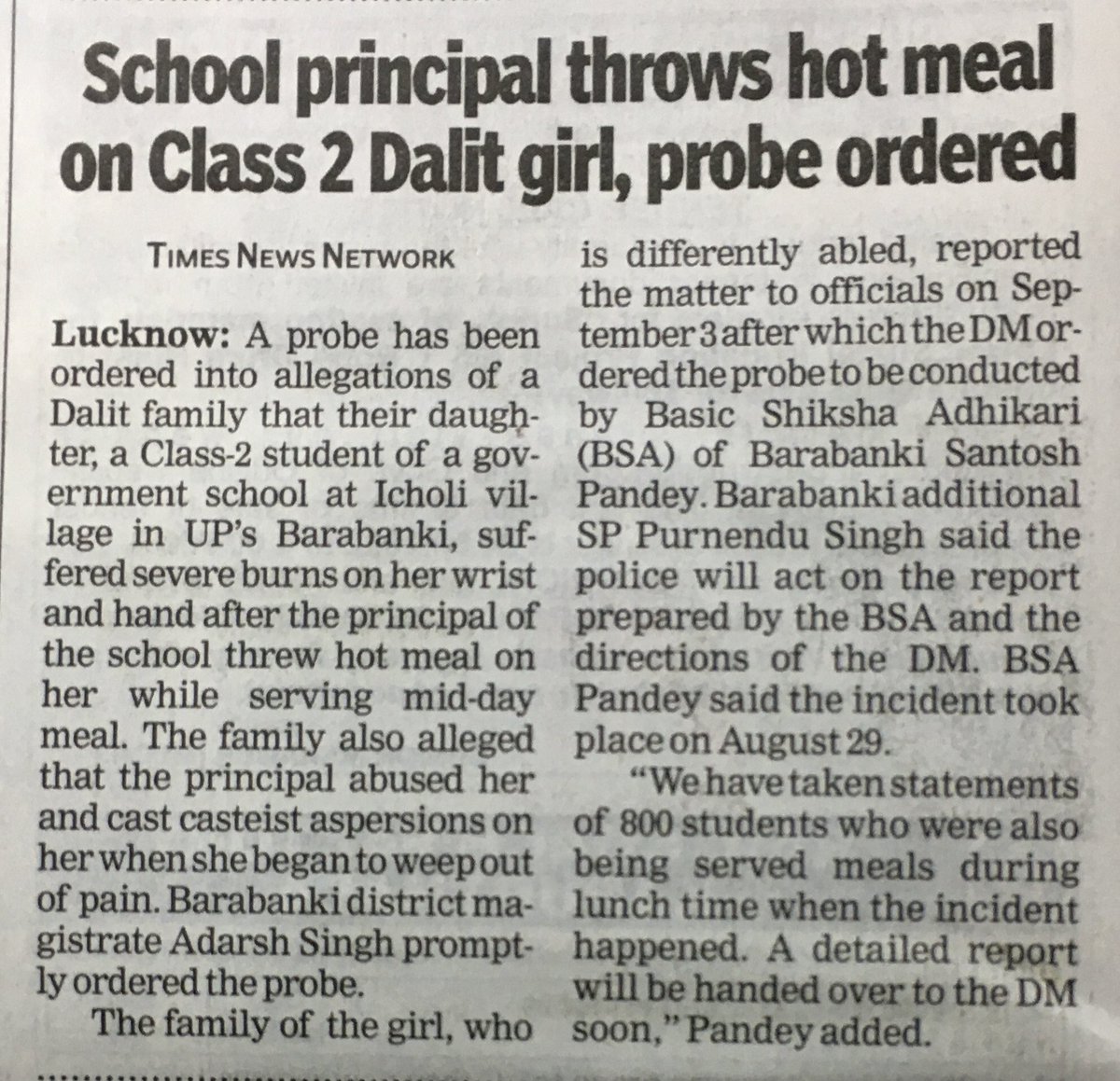 BornChamar's tweet photo. Principal of Government school at Icholi village Barabanki UP, burn the hand of class 2 girl by throwing hot meal and abuses her with casteist slurs.
#BeingDalit https://t.co/fyaX4h0IxO