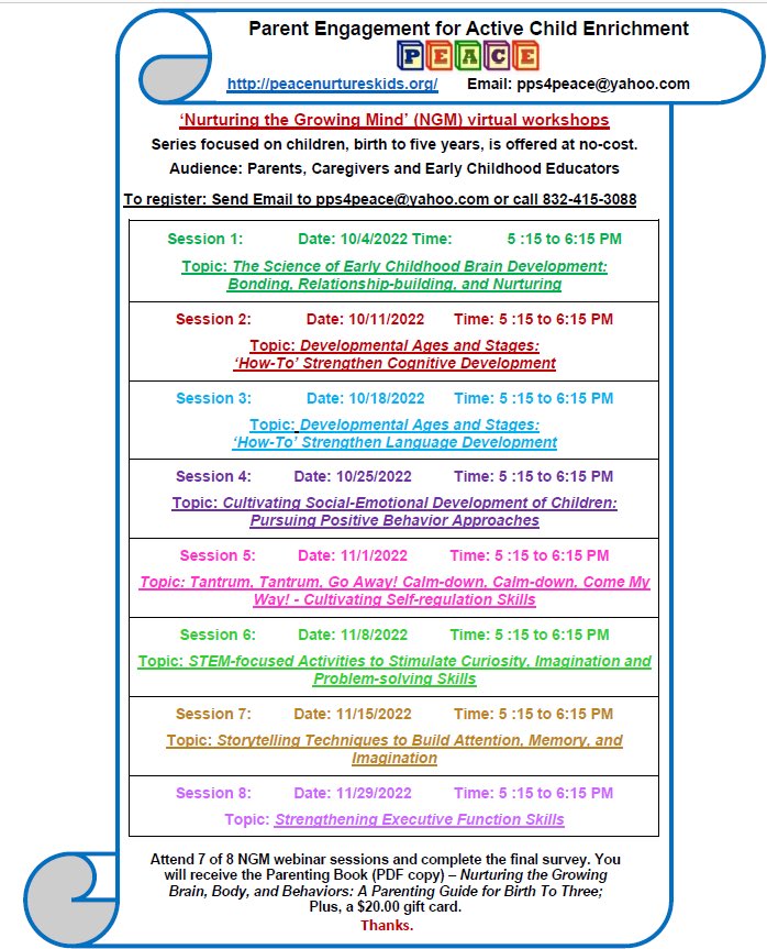 Nurturing The Growing Mind Series of workshops for parents, caregivers and early childhood educators is starting soon! To register send email to:  pps4peace@yahoo.com