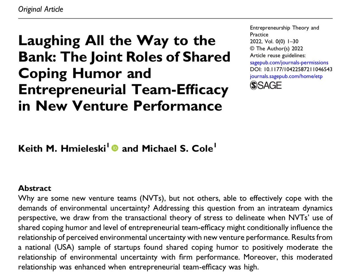 emollick's tweet photo. Startups should be able to laugh at themselves, it helps cope with stress.

Entrepreneurial teams that use humor to make light of themselves or stressful situations their startups go through are more likely to thrive in tumultuous times, based upon on a sample of 2,000 companies. https://t.co/qyI4eCM9zK