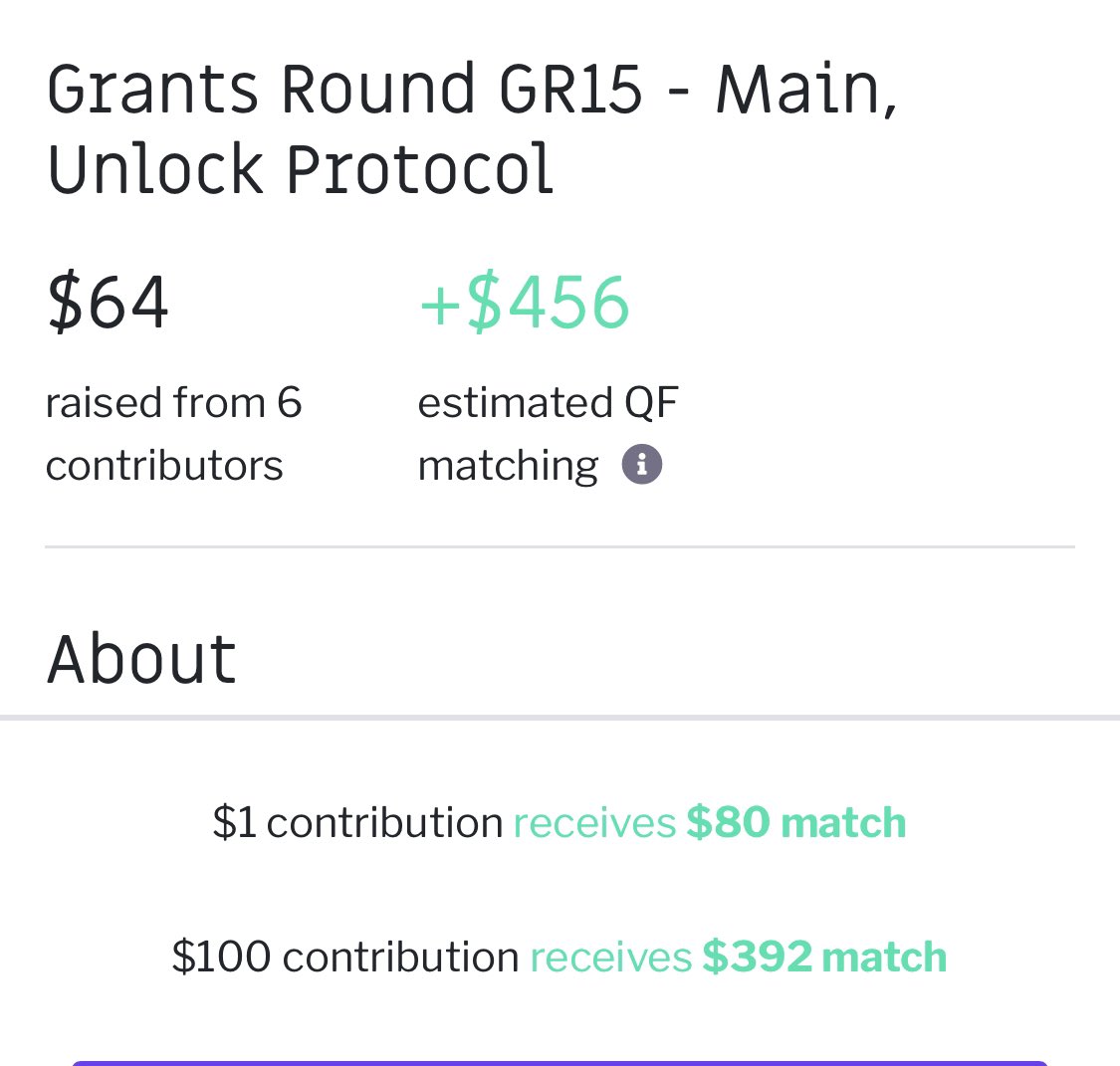 WOW! quadratic funding is 🍌 🍌 

With only 6 donations we raised close to $500 and thats not even counting my grantor <a href="/unlockprotocol/">Ʉnlock Protocol</a> jumpin in with a x2 match! 

Your contribution at any amount is POWERFUL!! Thank to all who believe in this #musicnft project and protocol.