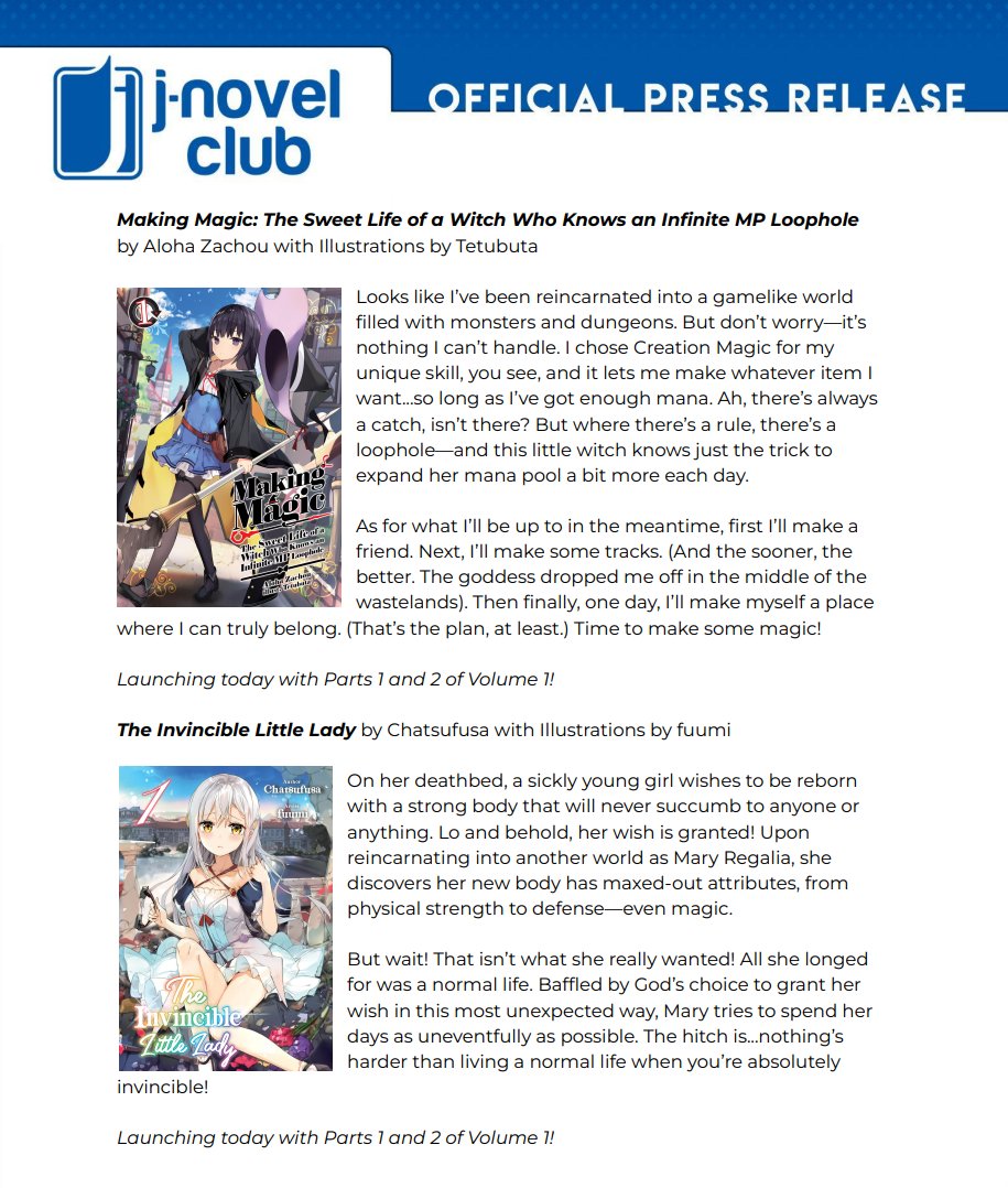 TheOASG on Twitter "JNovel Club PR on the 6 light novels and 2 manga announced today (2/2)"
