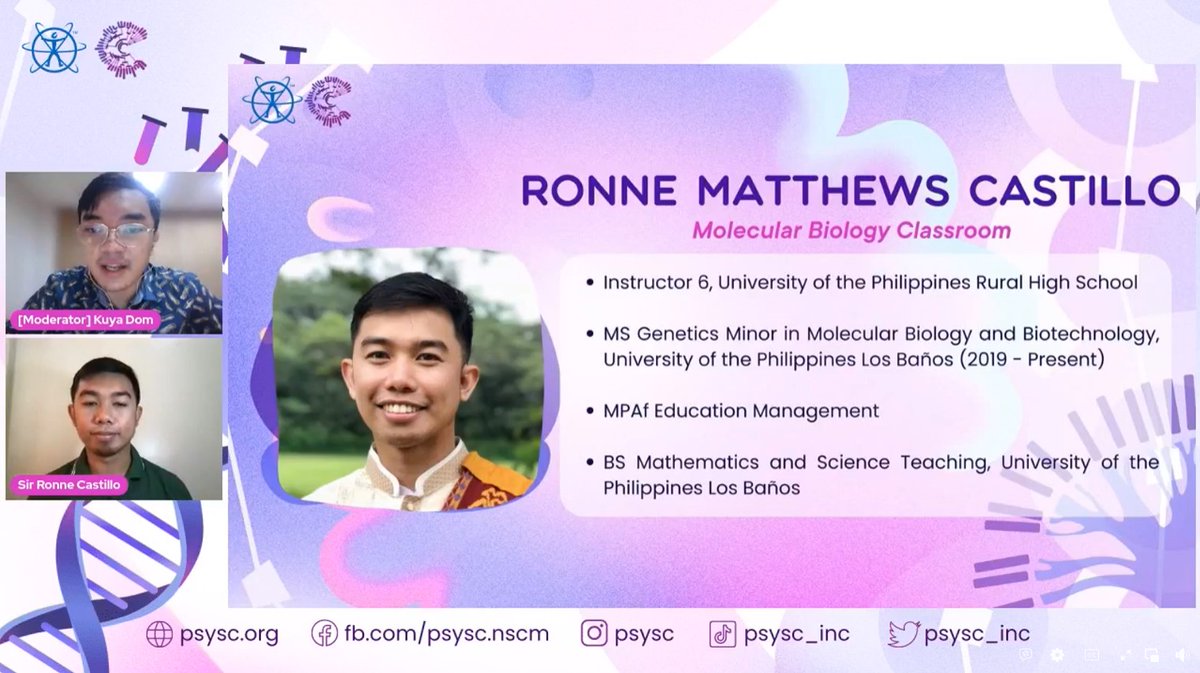 psysc_inc's tweet photo. [ITSS Panel Discussion]

Our ITSS Panel Discussion will revolve around Pedagogy of Molecular Biology for the 21st Century Learners. 

Our moderator, Kuya Dom, introduces our three esteemed panelists, Sir Ronne, Ma'am Marianne, and Dr. Cora.

#NSCM2022
#ProbingDeep🧬 https://t.co/117GUW9UGh