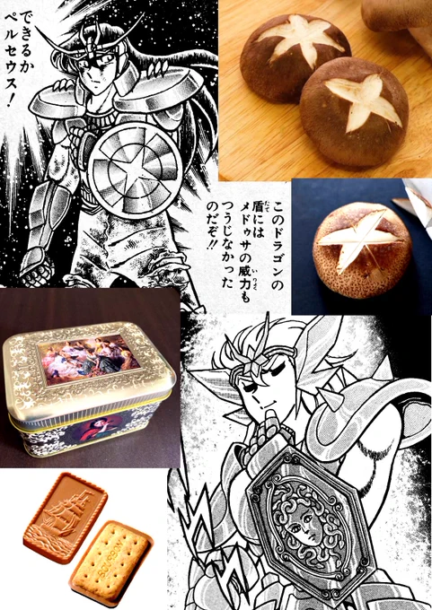 ドラゴンの盾対メドゥサの盾‼️
ドラゴンの盾は切れ込み入れた椎茸に似てます‼️
一方、メドゥサの盾はオサレなクッキー缶のフタっぽいです‼️
オサレには勝てん‼️と思いましたが、よく見たらアルフォートにも似てますね‼️
そんな安いチョコなんて簡単に砕けます‼️
やっぱり肉厚な椎茸の勝ち‼️ 