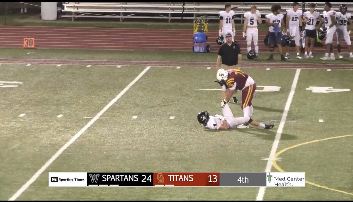Pure Sportsmanship!  Late in the 4th quarter, Gibson Southern (Ind) down by two scores. South Warren player goes down with a leg cramp. Instead of walking by him, a Gibson Southern lineman stops to help. A crazy finish by Gibson Southern scores two TD’s late to win the game.