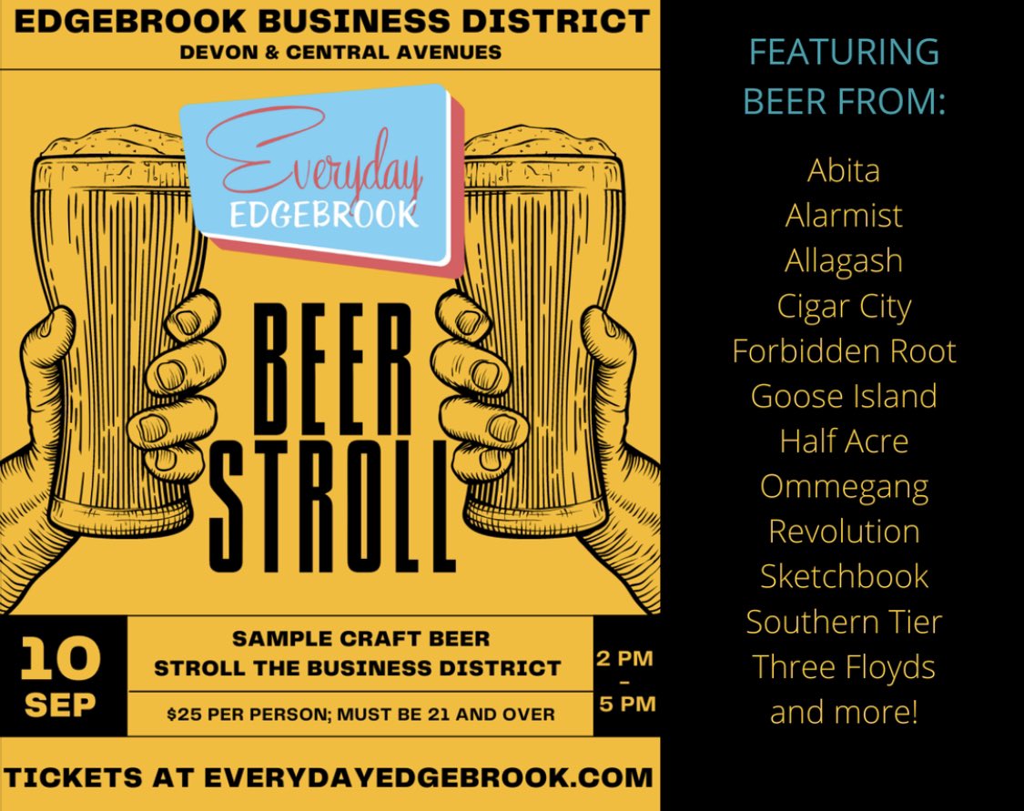 The Everyday Edgebrook Beer Stroll is this Saturday! Get tickets at everydayedgebrook.com

#Repost
・・・
JUST HOURS AWAY! The Everyday Edgebrook Beer Stroll returns to #Edgebrook THIS SATURDAY (9/10) 2 -5 pm. Tickets and more info at everydayedgebrook.com.