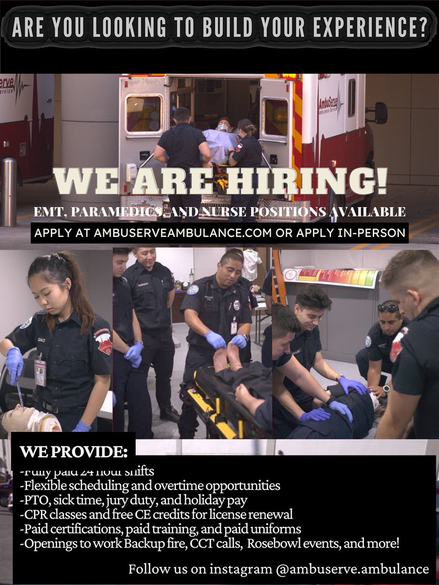 ambuserve's tweet photo. Apply at ⏩  https://t.co/kgl1FEzVOY
#EMT #paramadic #CCT #RN https://t.co/KPHN1p27ZW
