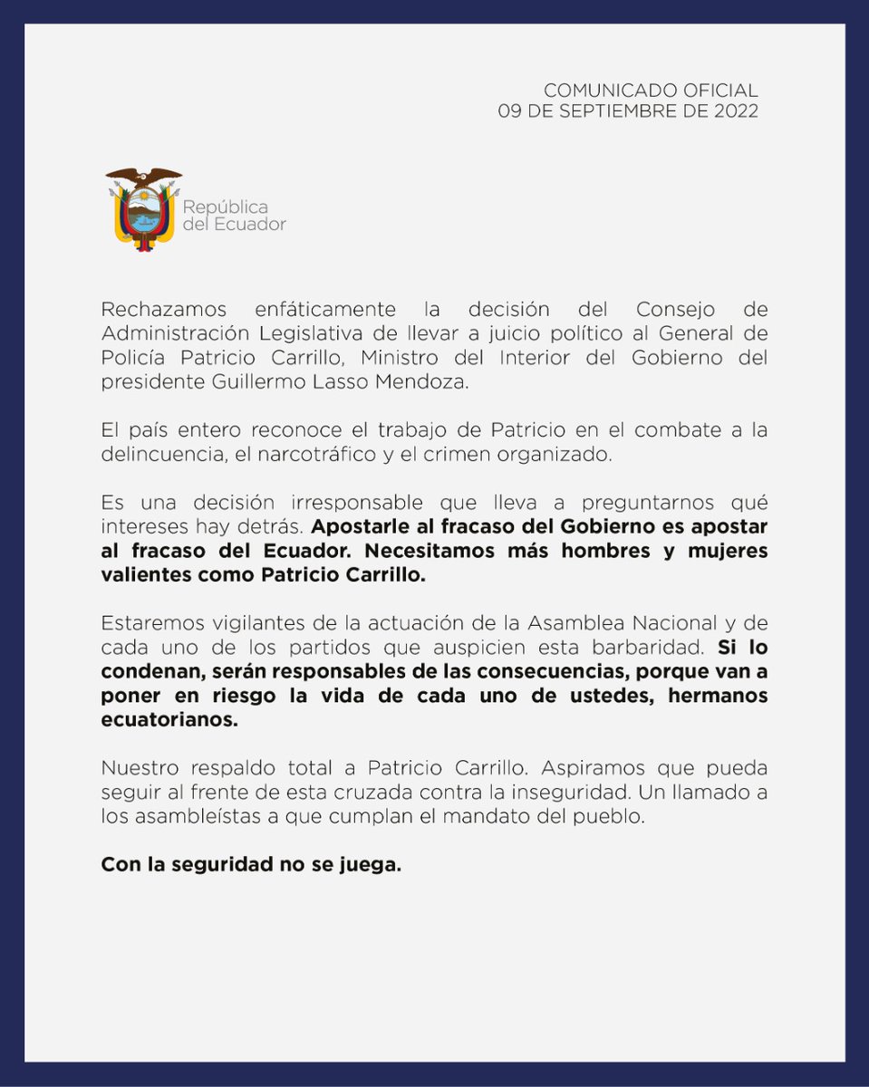 ComunicacionEc's tweet photo. COMUNICADO OFICIAL | La Secretaría General de Comunicación de la Presidencia informa: https://t.co/4mBOtdB0Si