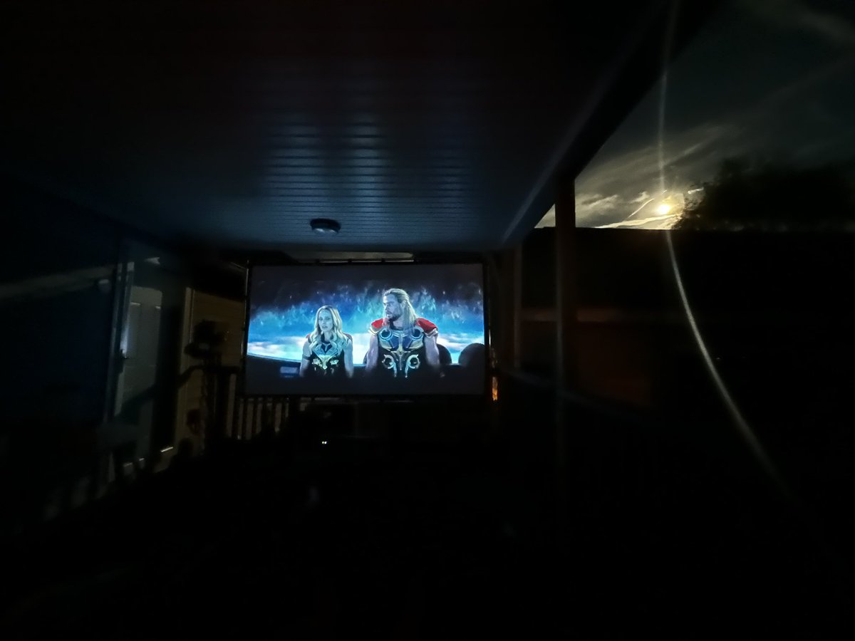 Tried to do a movie night outside. Worked well till the moon made its appearance over our pool shed.