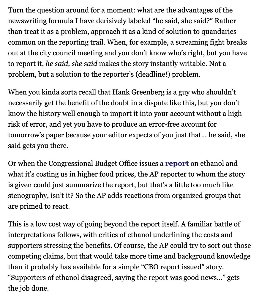 One way to examine troublesome patterns like horse race coverage is to understand them not as problems in press practice — which they are — but as solutions to problems that repeatedly arise in journalism. I did this with "he said, she said" back in 2009. archive.pressthink.org/2009/04/12/hes…