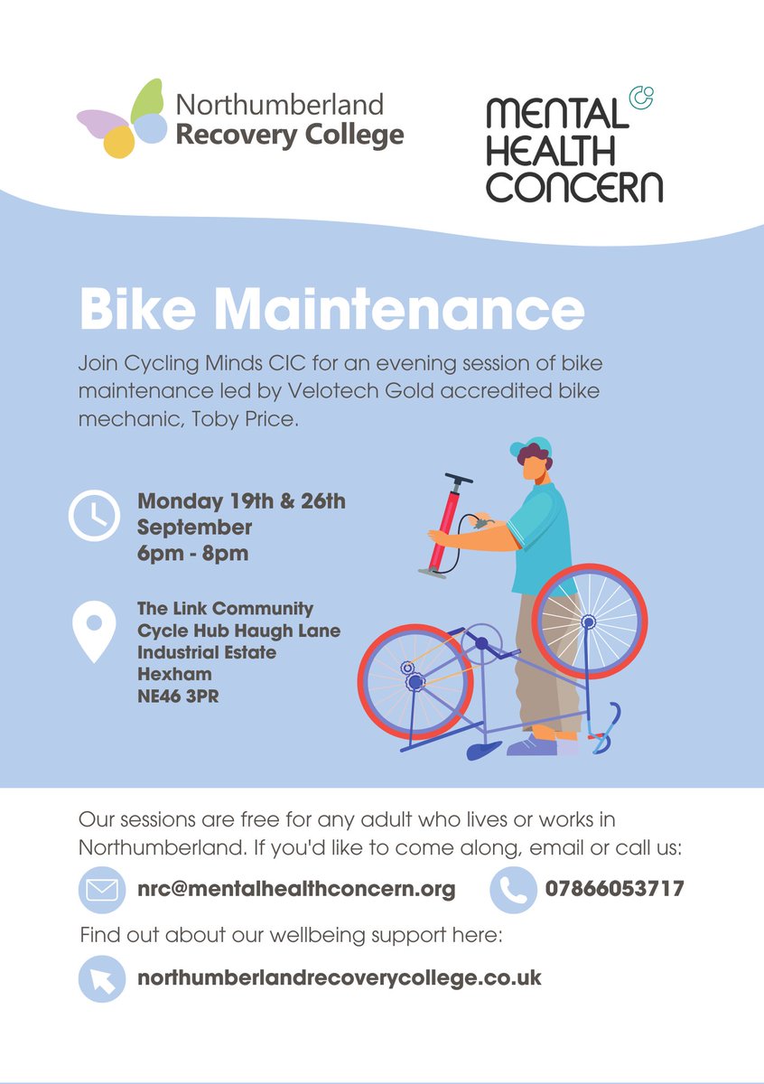 cycling_minds's tweet photo. FREE evening bike maintenance classes and guided rides coming up. Just sign up via the Northumberland Recovery College. They're for anyone over 18 and will take place at/from The Link community cycle hub in Hexham.
#bikmaintenance #loveyourbike #guidedrides #hexham https://t.co/2Xs0eUXKFa