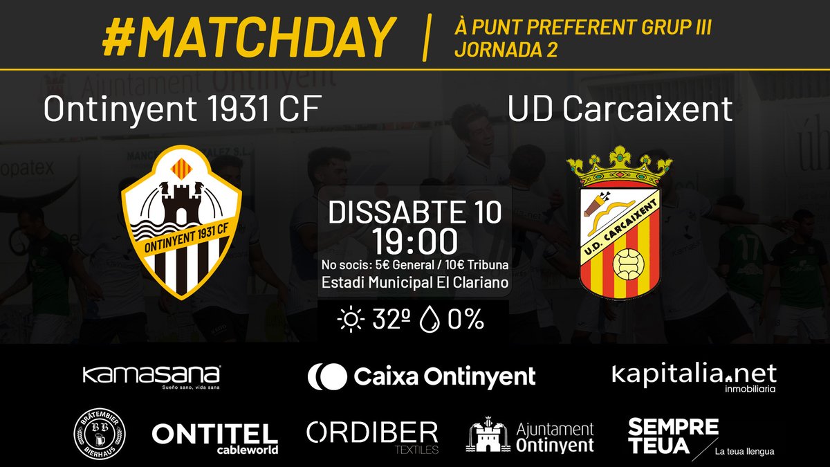 📝 #MatchDay | A qui no li agrada tornar a començar? Tornar a xafar El Clariano, notar l'olor a competició, deixar-se-ho tot en la grada uns i en el camp els altres!
⚽️ <a href="/ontinyent1931cf/">Ontinyent 1931 CF</a> - <a href="/UDCarcaixent/">UD.CARCAIXENT</a>
🕖 19:00
🎫 No socis: General 5€ Tribuna 10€
📍 Estadi Municipal El Clariano