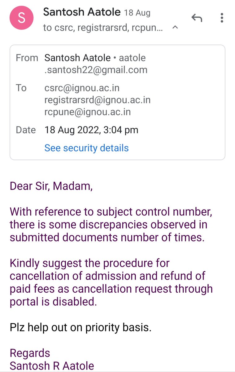 Nishan8022's tweet photo. @IGNOURCDELHI1 @OfficialIGNOU @OfficialIGNOU kindly suggest the cancelation procedure and refund my money, cancellation through portal is disabled, all your hlepline numbers are not working, no response from any of the support mail ID. https://t.co/RklfdNdRxg