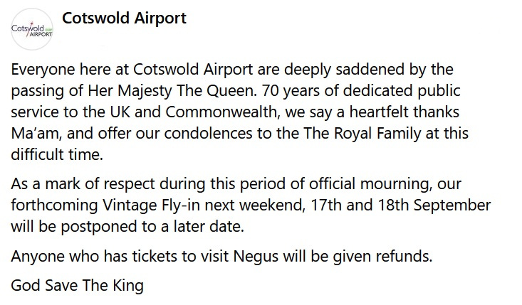 As a mark of respect following the sad passing of Queen Elizabeth II, the Vintage Aircraft Fly In event on 17/18th September at @CotswoldAirport has now been postponed to a later date. Please keep an eye on social media for further news.