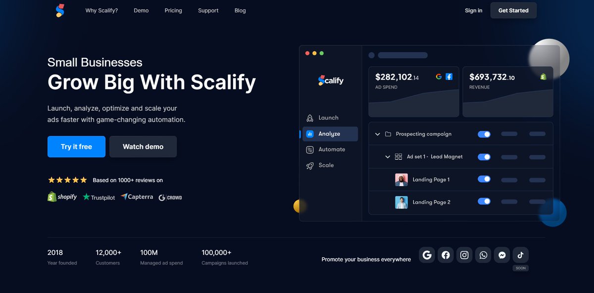 growth_boosters's tweet photo. 4. Scalify - Launch, analyze, optimize, and scale your Facebook and Instagram ads faster with game-changing automation.

🔗 https://t.co/BtN11MQZ7X https://t.co/amGCSaMo8g