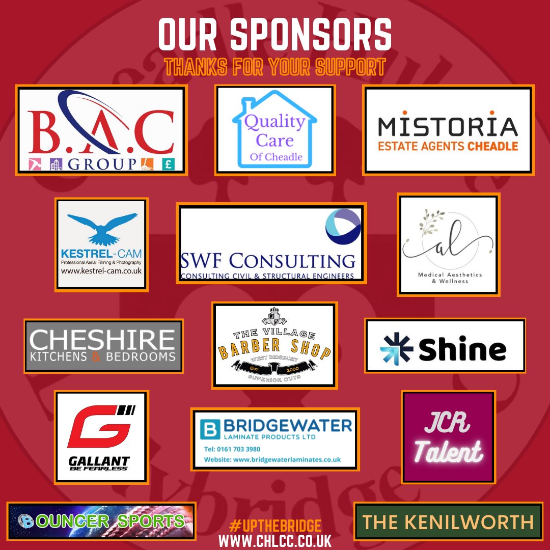 CHLadybridge's tweet photo. 🙌🏻A Message To Our Sponsors🙌🏻

Sponsorships and support from local businesses is crucial to funding the necessities to ensure the success of the club.
From all of us at Cheadle Hulme Ladybridge Cricket Club, THANK YOU!

#upthebridge #bridgearmy
#cricket #cheadlehulme https://t.co/eNhXrVbTLh
