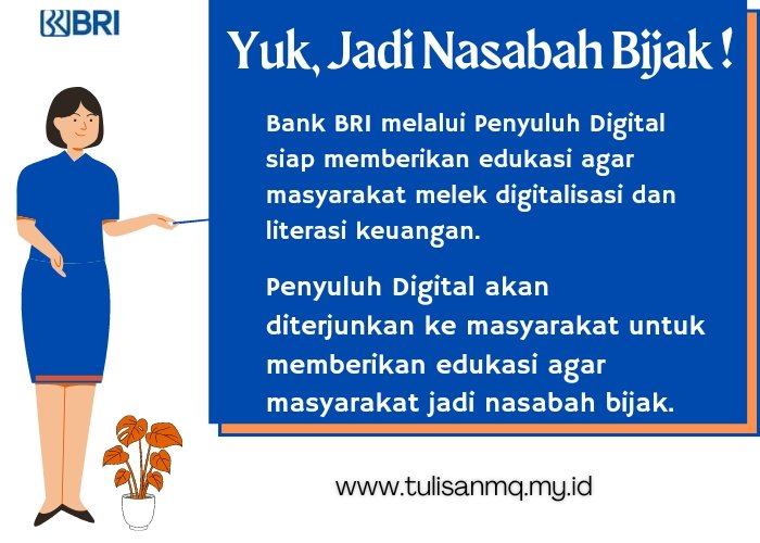 Yuk Jadi 
<a href="/NasabahBijak/">Nasabah Bijak</a>
  dengan mengedukasi diri dengan literasi keuangan agar terhindar dari berbagai kejahatan dan kebaikan masa depan. 
h1ttps://www.tulisanmq.my.id/2022/09/yuk-jadi-nasabah-bijak.html

#NasabahBijak #NasabahBijakBloggingCompetition #MemberiMaknaIndonesia