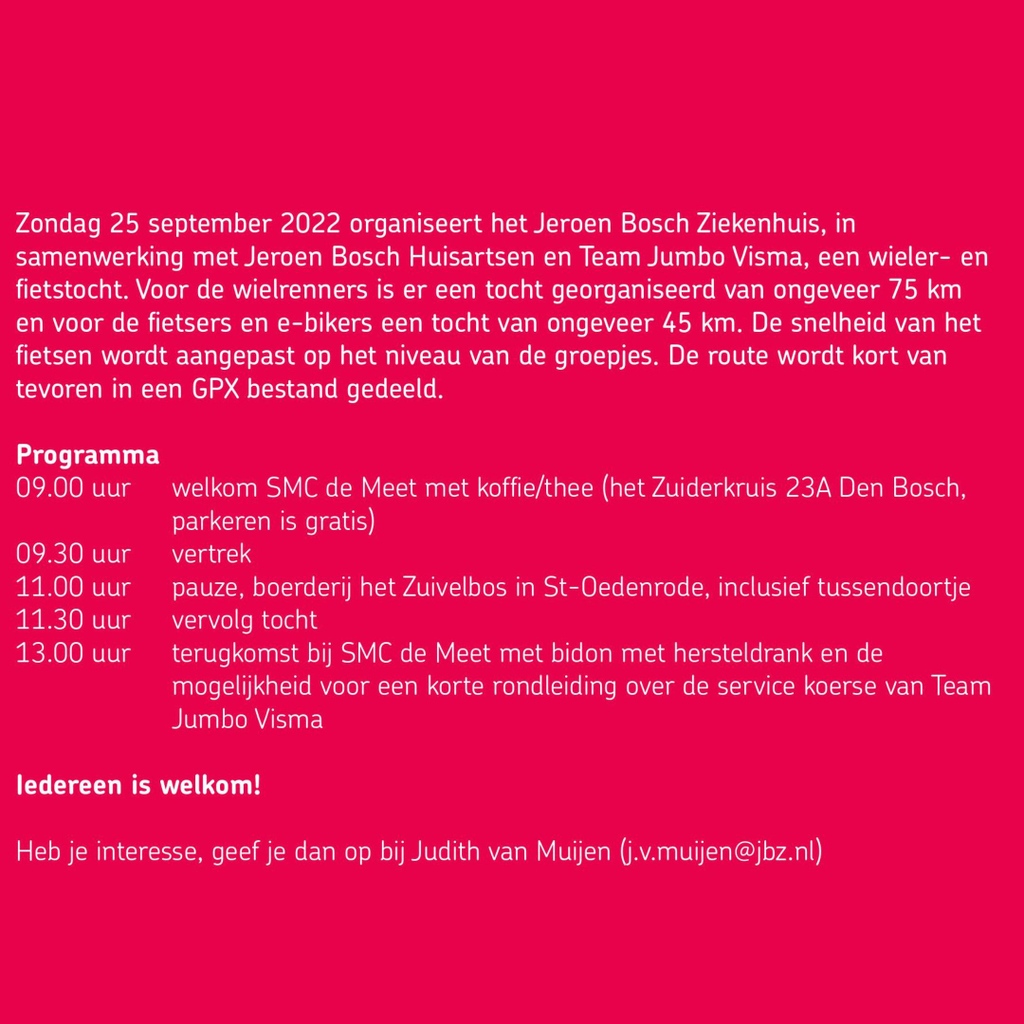 Ben jij:
➡️ Huisarts
➡️ Medewerker van een van de praktijken in de JBZ regio
➡️ Medewerker van het JBZ 
➡️ Collega/ partner in het netwerk van het JBZ? 

🚴🏽‍♂️ 25 september is de Social Ride, een wieler- en fietstocht!

Ben je er bij?

#JeroenBoschZiekenhuis