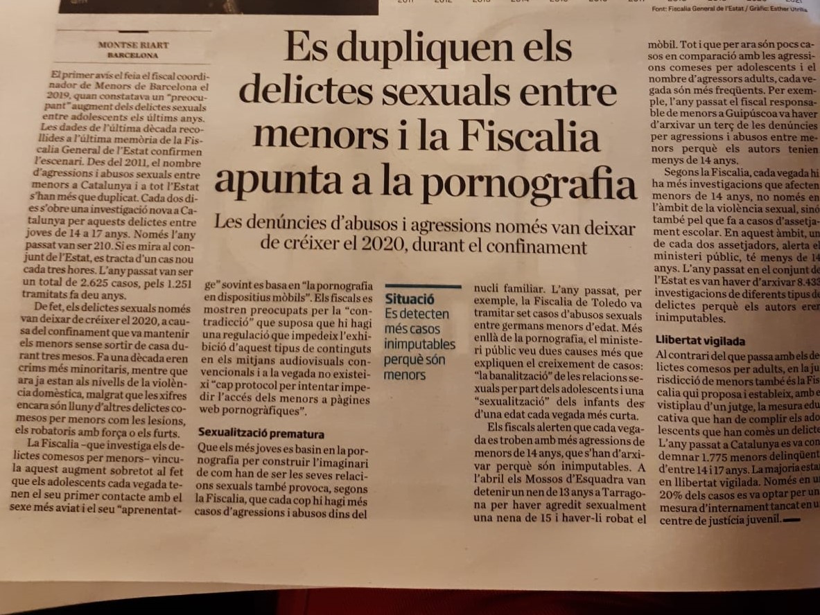 El ministeri fiscal atribueix també l'augment de delictes sexuals a la banalització de les relacions sexuals per part dels adolescents i una sexualització dels infants
La Generalitat hi té molt a fer: pot controlar l'erotisme a TV3 i no produir més sèries tipus "Les de l'hoquei"