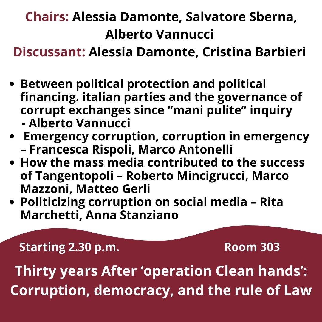 sisp2022's tweet photo. #SISP2022
🚩Panel 5.6 - Room 303 - 2.30 p.m.
30 years after "Operation Clean Hands" with @xplnit, #SalvatoreSberna, #AlbertoVannucci, #CristinaBarbieri, @frarispoli, #MarcoAntonelli, @MincigrucciR, #MarcoMazzoni, #MatteoGerli, @RitaMarchetti, @AnnaStanziano90
@sisp__ https://t.co/kWnG8edSOF
