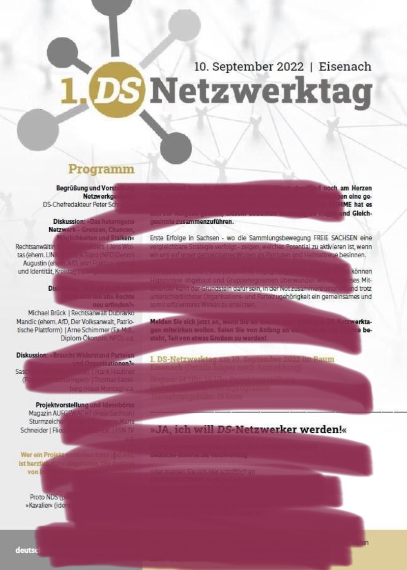 Heute findet in #Eisenach Netzwerktreffen des #NPD-Presseorgans „Deutsche Stimme“ statt. Angekündigt ist braunes Sammelsurium,dass Ziel verfolgt kommende Proteste im Herbst anzuheizen. Angekündigt sind militante #Neonazis, Ex-#AfD‘ler, Verteidigerin #NSU-Helfers Ralf Wohlleben…