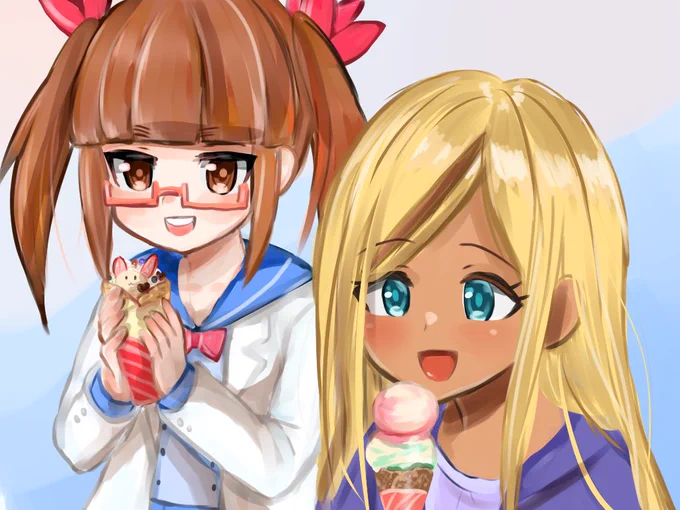 クレープとアイス!普段と違う感じの塗り方試してたら肝心の食べ物があんまおいしくなさそうで泣いてしまう池袋晶葉ちゃん&ライラさんでした! #リプ来た食べ物を食べさせる 
