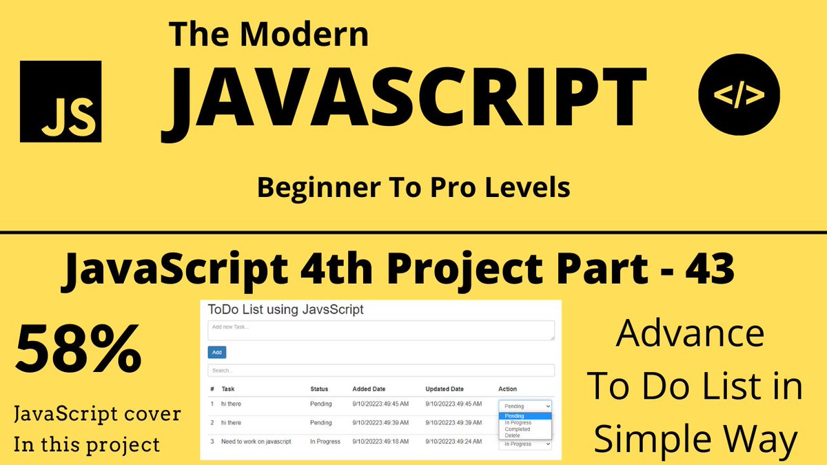 TechQuickLearn's tweet photo. The Modern JavaScript Tutorial Part 43 | 4th Project | Advance To Do List
#programming #techquicklearner #softwaredeveloper #webdevelopment #webdeveloper #learning #learn #javascript #php #reactjs #mysql #jquery #trending #tutorial #todolist
Video link - https://t.co/ZGCav8BoId https://t.co/OH361EL9Ai