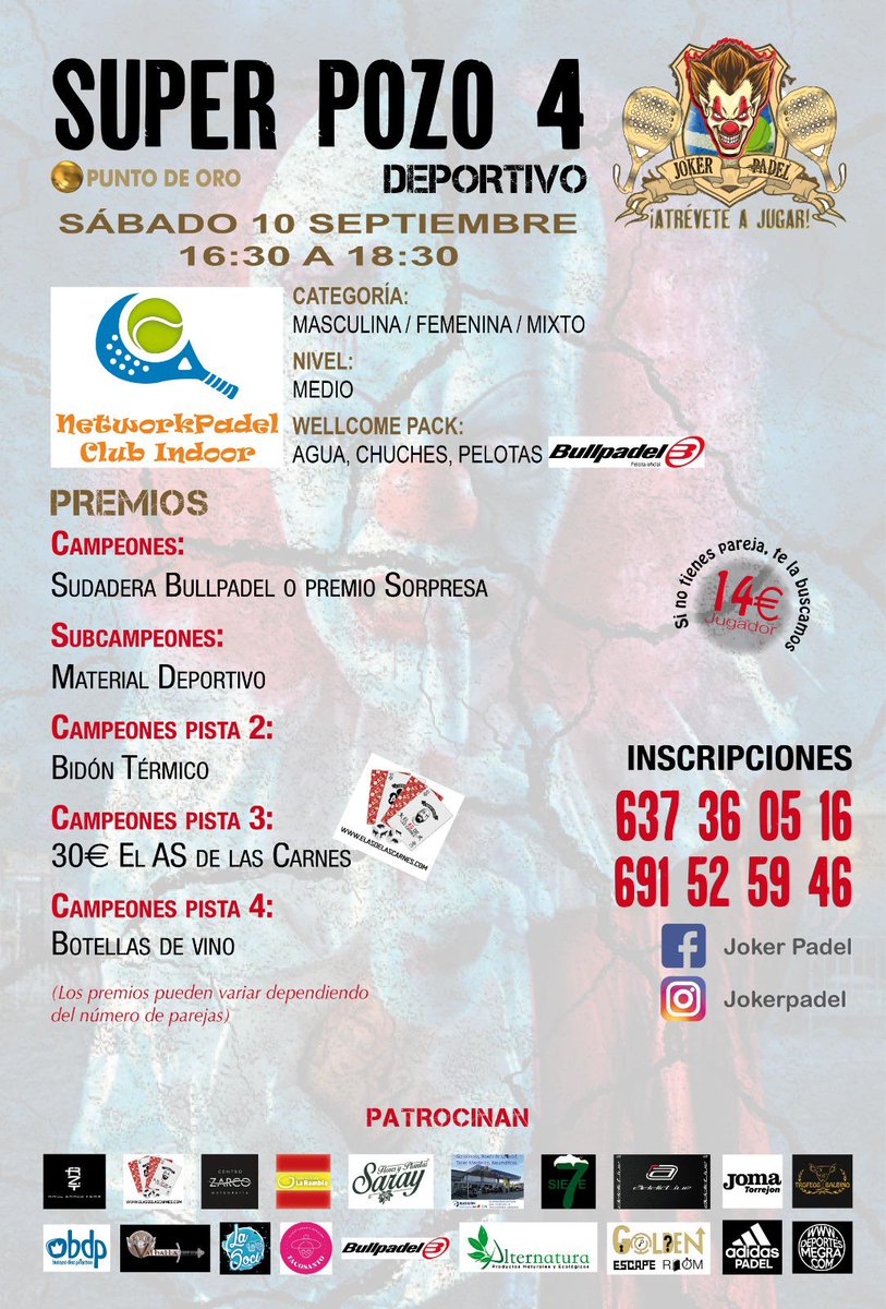 NetworkPadel's tweet photo. SUPER POZO @jokerpadel
‼️ÍNSCRIBETE‼️

Sábado 10 de Septiembre
De 16:30 a 18:30 Nivel MEDIO
De 18:30 a 20:30 Nivel BAJO
☎️ 637 36 05 16
☎️ 691 52 59 46

FACEBOOK: Joker Padel
INSTAGRAM: @jokerpadel https://t.co/MgiYQIBb56