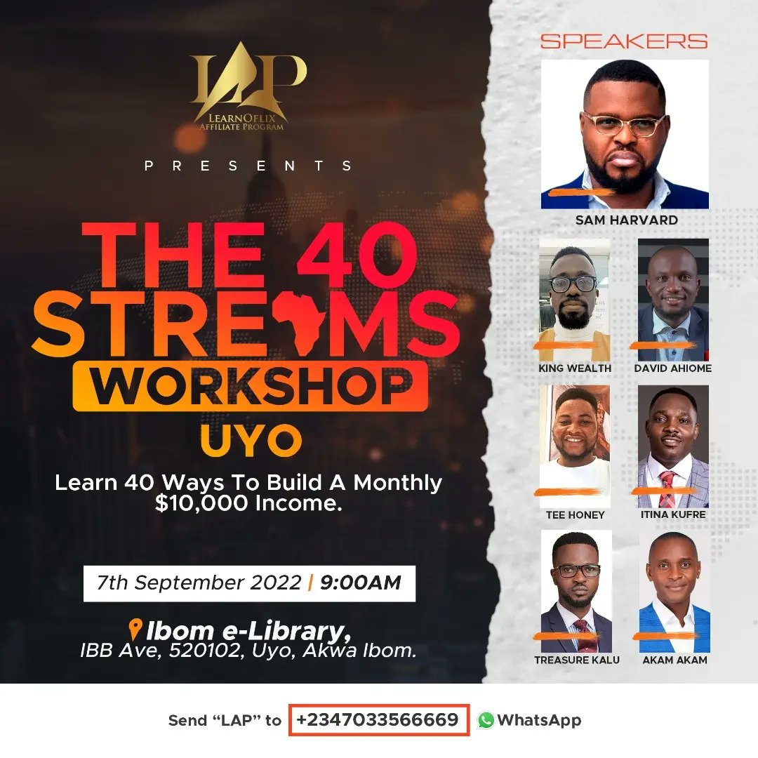 InspiringTeeKay's tweet photo. 40 streams Workshop Uyo was lit π₯
40 Streams Conference Port-Harcourt is about to go down. It's going to be explosive.
Over 1,500 people expected.
@Learnoflix_ to the world!
#40streamsconference https://t.co/7NhyfWIihg
