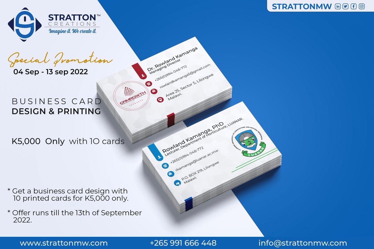 strattonbrandmw's tweet photo. Get your 10 free business cards. Only 3 days left of this promotion.
Order a business card design at K5,000 only and get 10 free printed business cards as a start.
Call or WhatsApp us at 0991666448π²πΌ
#strattonmw #advertisingagency #Malawi https://t.co/qrxrlKMBGK