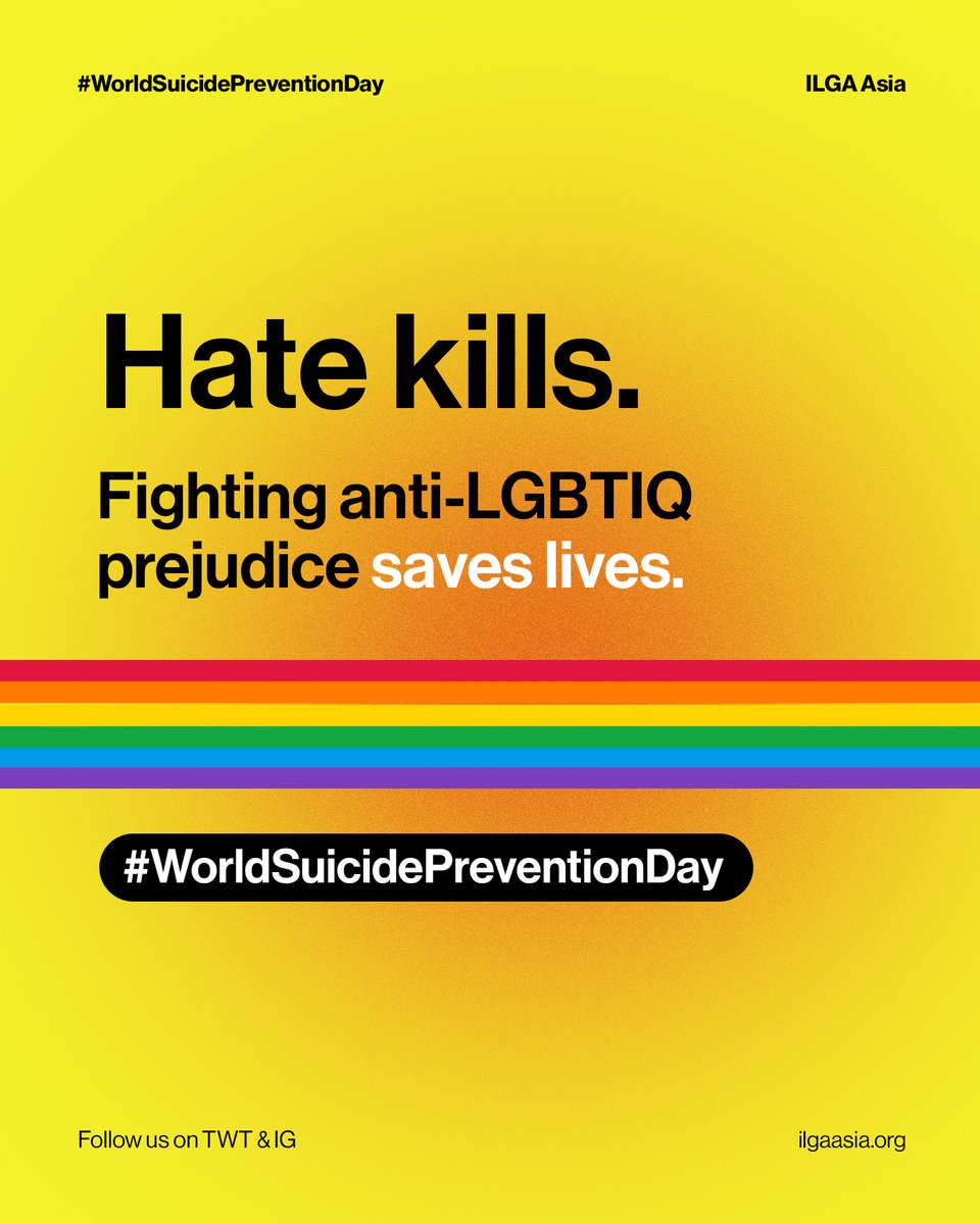 ILGAAsia's tweet photo. LGBTIQ people are especially vulnerable to suicide due to discrimination. Preventing LGBTIQ suicide means: 

1️⃣ ending discriminatory policies &amp; practices, 
2️⃣ supporting LGBTIQ-affirming mental healthcare, &amp; 
3️⃣ promoting full inclusion &amp; equality. 

#WorldSuicidePreventionDay https://t.co/1Km6mVEczT