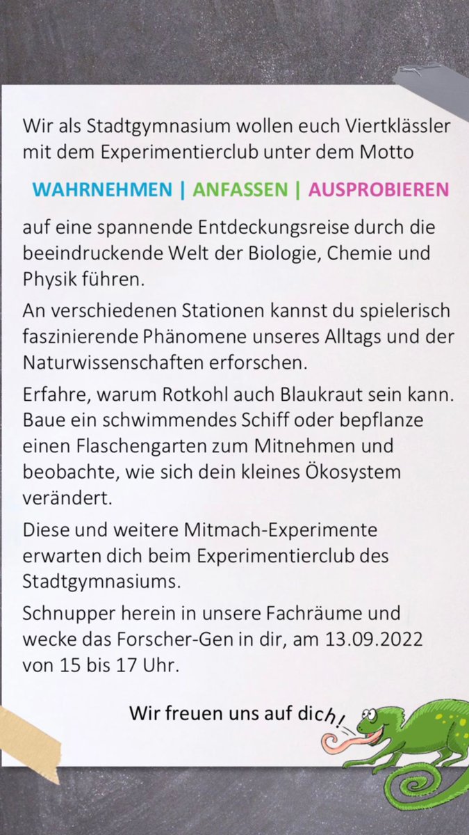 DortmundStg's tweet photo. Der "Experimentierclub" steht vor der Tür! Am 13.09.2022 laden wir alle Viertklässler:innen zu uns ein, am Experimentierclub ⚗️🧪🧲🔍🌱teilzunehmen. Hier ist noch einmal die Einladung, wir freuen uns auf euch! #stadtgymnasiumdortmund #stgdo https://t.co/41wKaB7zUf