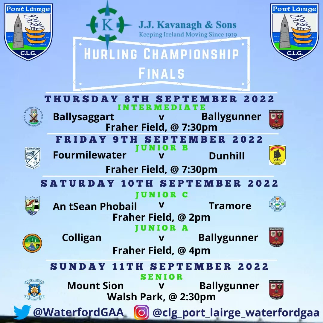 WaterfordGAA's tweet photo. 2 Finals down for decider in todays @JJKavanaghBuses Hurling Championship!
Our Junior C Final between @uptheshocks & @TramoreGAA13 throws in at 2pm, followed by the Junior A clash between @ColliganGAA & @ballygunnerHc at 4pm!
Tickets can be purchased ⬇️
https://t.co/HffetSRsDu https://t.co/UybG28Hlao