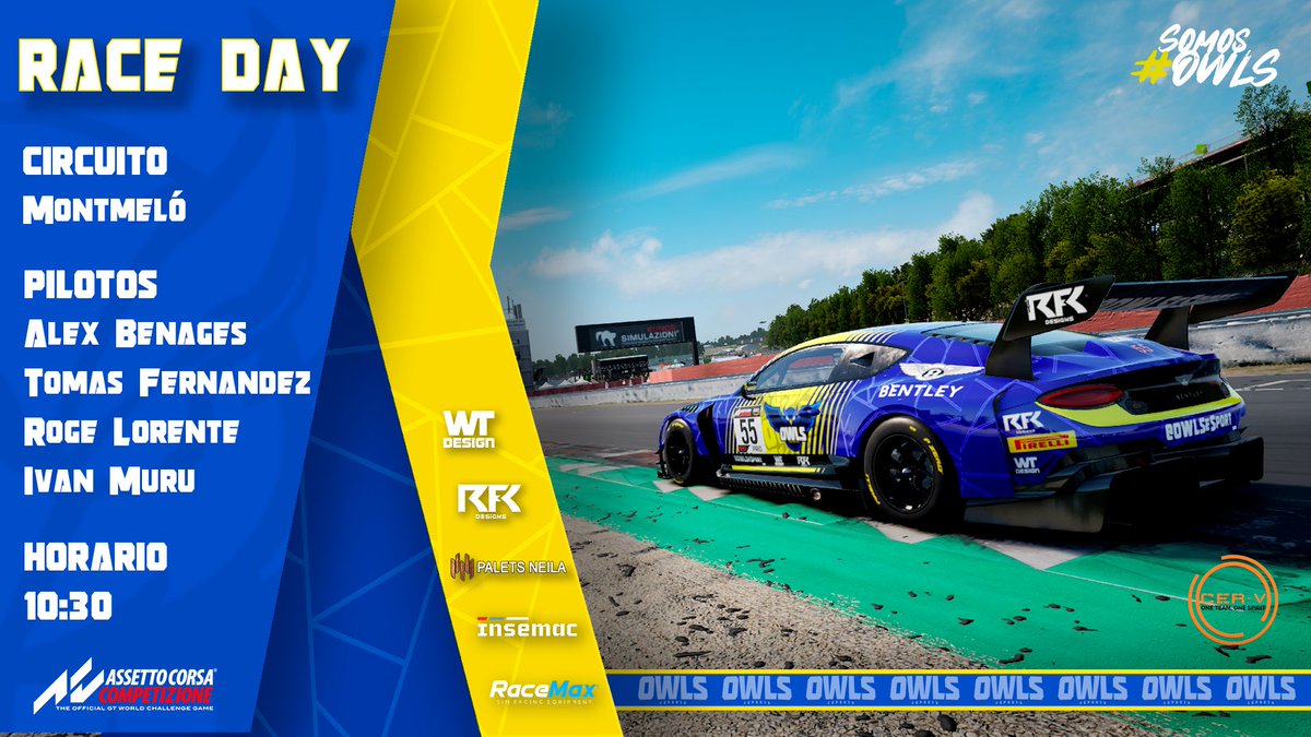 24 H BARCELONA !!🏁

Dia de Resistencia...dia de disfrutar compitiendo en pista y donde estarán <a href="/benages24/">OWLS_AlexSBenages</a> <a href="/tomfer13/">Tomas Fernandez</a> <a href="/ivanthemuru/">Ivan The Muru</a> <a href="/RogelioLorente/">12Rogelor</a> para hacernos disfrutar.

🚥 <a href="/cerv2022/">CER-V season 2023</a>
📍#Montmeló
👥#Benages #Tomfer #IMuru #Roge 
⏰ 10:30
📽#TWICH #AssettoHosting

#SomosOwls