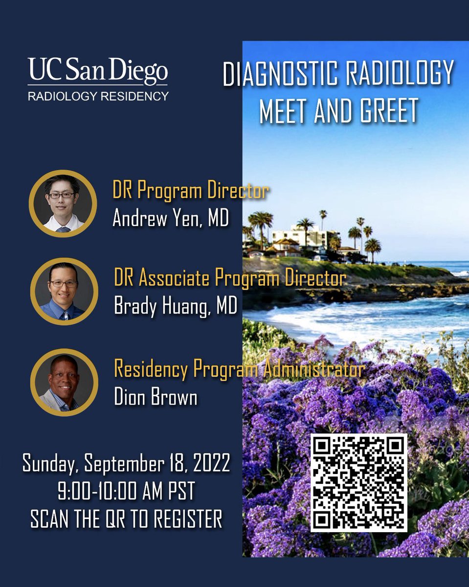 ucsd_ir's tweet photo. Hello to future #Radres and #iradres ! You’re all invited to join our upcoming residency Meet and Greets to learn more about our residency programs and leadership. We look forward to meeting you! @Quinn_Meisinger @AndrewYenMD @UCSDRadRes @SIRRFS https://t.co/sQ6zzWSr0U