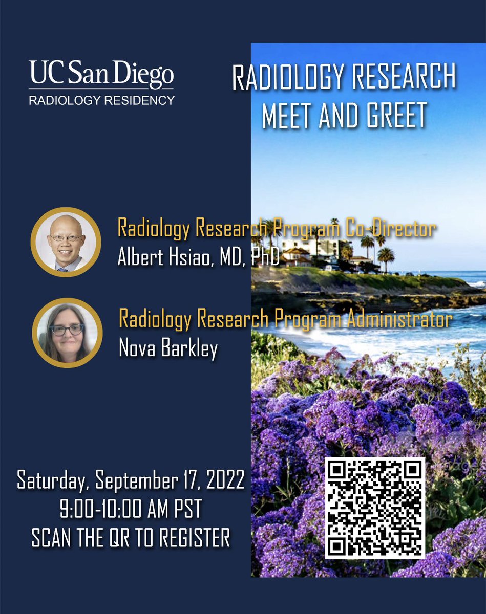 ucsd_ir's tweet photo. Hello to future #Radres and #iradres ! You’re all invited to join our upcoming residency Meet and Greets to learn more about our residency programs and leadership. We look forward to meeting you! @Quinn_Meisinger @AndrewYenMD @UCSDRadRes @SIRRFS https://t.co/sQ6zzWSr0U
