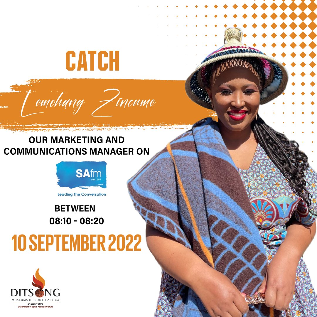 DitsongMuseumSA's tweet photo. Tune into @SAfmRadio this morning from 08:10 to 08:20 and listen to our Marketing and Communications Manager, Lemohang Zincume live discussing the  #OneCountryConcert with @MichConstant on #TheJetsetBreakfast.

#DitsongMuseumsSA #DITSONG #History https://t.co/JCa62fvokt