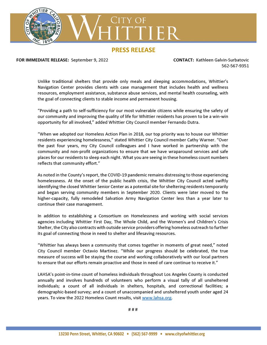 🗣️UPDATE🗣️ Whittier continues to see decline in homelessness per <a href="/LAHomeless/">LA Homeless Services Authority</a> 2022 Point-in-Time Count ❗️⬇️ Read the press release HERE: bit.ly/3DaS5u5 👨‍💻 #homelessness #unsheltered #socialservices #actionplan #workingtogether #cityofwhittier
