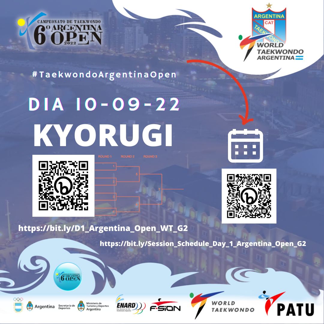 TKDArgOpen's tweet image. Ingresa a estos links para ver el sorteo de gráficas de Kyorugi DANES Día 1 #taekwondoargentinaOpen
•
bit.ly/D1_Argentina_O…
•
Aquí verás el cronograma de competencia.
•
bit.ly/Session_Schedu…
•
@locosxtkd @mundotaekwondo @mastaekwondo_oficial @pasionporeltkd_official