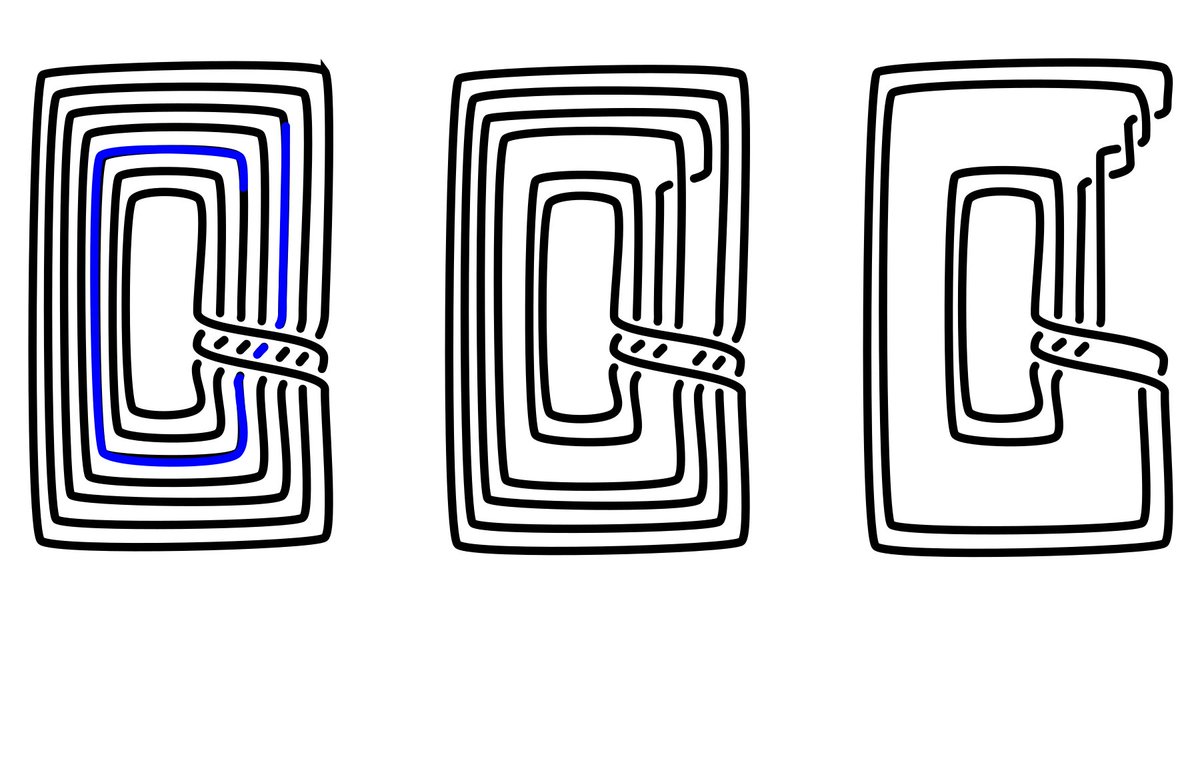 The (7,2)-torus knot, on the left, has 7 strands coming in from above and 2 running across horizontally. Shown here are a few steps in a process to turn the (7,2)-Torus knot into the (2,7)-Torus knot. Do you see how to go from here? #KnotTheory