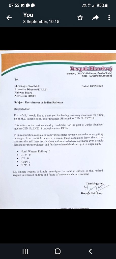 Thank you so much sir 
Please also focus on Nr
When other all boards sent 70-80% demand to clear je 03/2018
Nr
specially chandigarh send only 15% out of total 
We are 320 in waiting je and the demand is 56 only 
<a href="/GM_NRly/">GM Northern Railway</a> <a href="/RailwayNorthern/">Northern Railway</a> <a href="/drm_dli/">DLI Division NR</a> 
please rise our voice