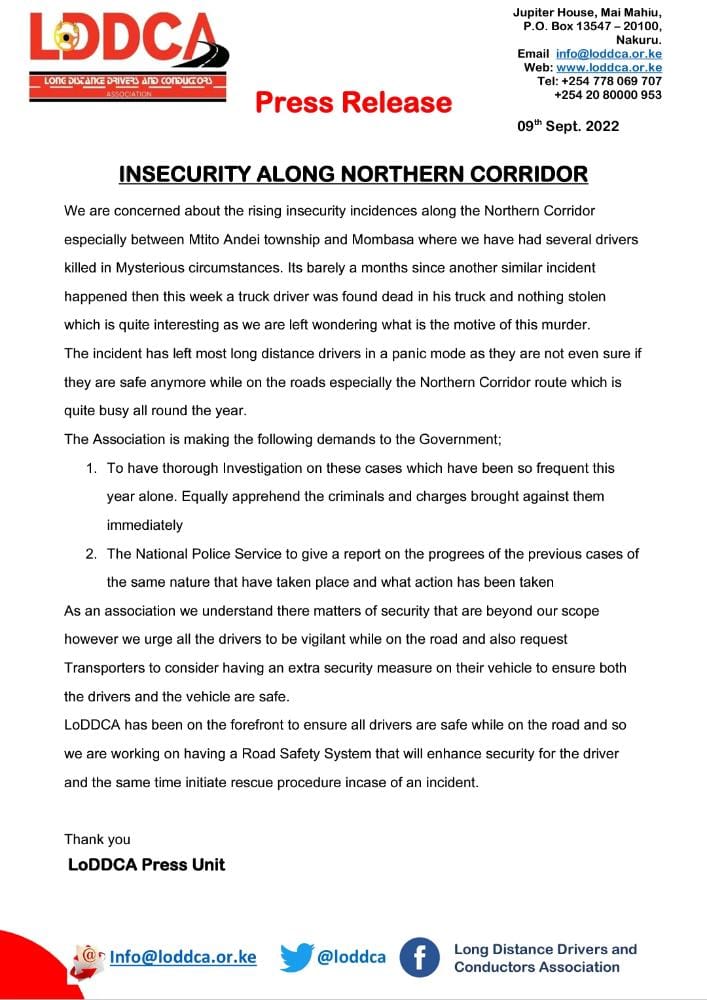 Long Distance Drivers and Conductors Association (@loddca) on Twitter photo INSECURITY ALONG THE NOTHERN CORRIDOR.
<a href="/Ma3Route/">Ma3Route</a> <a href="/KTA_Kenya/">Kenya Transporters</a> <a href="/Elviscolins/">Elvis colins</a> <a href="/citizentvkenya/">Citizen TV Kenya</a> <a href="/ntvkenya/">NTV Kenya</a> <a href="/qataharraymond/">Mujuni Raymond</a> <a href="/TheStarKenya/">TheStarKenya</a> <a href="/TradeMarkEastA/">TradeMarkEastA</a> <a href="/KeNHAKenya/">Kenya National Highways Authority (KeNHA)</a> <a href="/K24Tv/">K24 TV</a> <a href="/radiomaisha/">Radio Maisha</a> <a href="/daveghbeer/">Dave Beer</a> <a href="/HonAnthonyMutua/">Anthony Mutua</a> <a href="/NPSOfficial_KE/">National Police Service-Kenya</a> <a href="/DrAlfredMutua/">Dr. Alfred N. Mutua</a> <a href="/macyireri/">Mercy Ireri</a> <a href="/djnyash/">Dj Nyash</a> <a href="/WilliamsRuto/">William Samoei Ruto, PhD</a> INSECURITY ALONG THE NOTHERN CORRIDOR.
<a href="/Ma3Route/">Ma3Route</a> <a href="/KTA_Kenya/">Kenya Transporters</a> <a href="/Elviscolins/">Elvis colins</a> <a href="/citizentvkenya/">Citizen TV Kenya</a> <a href="/ntvkenya/">NTV Kenya</a> <a href="/qataharraymond/">Mujuni Raymond</a> <a href="/TheStarKenya/">TheStarKenya</a> <a href="/TradeMarkEastA/">TradeMarkEastA</a> <a href="/KeNHAKenya/">Kenya National Highways Authority (KeNHA)</a> <a href="/K24Tv/">K24 TV</a> <a href="/radiomaisha/">Radio Maisha</a> <a href="/daveghbeer/">Dave Beer</a> <a href="/HonAnthonyMutua/">Anthony Mutua</a> <a href="/NPSOfficial_KE/">National Police Service-Kenya</a> <a href="/DrAlfredMutua/">Dr. Alfred N. Mutua</a> <a href="/macyireri/">Mercy Ireri</a> <a href="/djnyash/">Dj Nyash</a> <a href="/WilliamsRuto/">William Samoei Ruto, PhD</a>