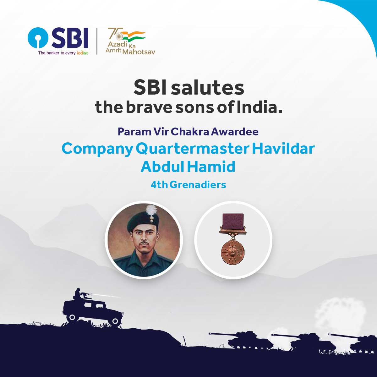On this day putting up a valiant fight Company Quartermaster Havildar Abdul Hamid motivated his team and repel the enemy's tank onslaught. SBI salutes his courage during the Indo Pak war of 1965:
gallantryawards.gov.in/awardee/1058

#SBISalutesTheBrave #ParamVirChakra #AzadiKaAmritMahotstav