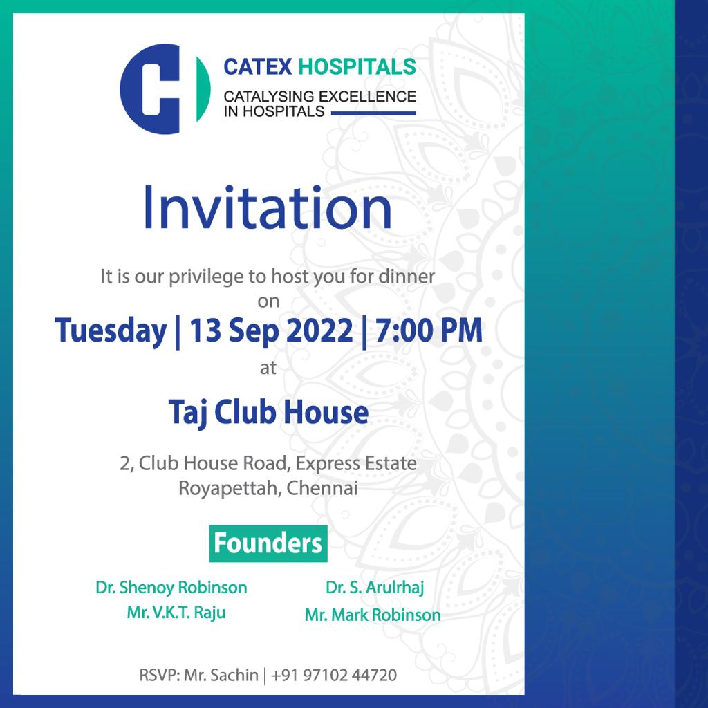 CatexHealth's tweet photo. Please join us for an informal dinner on the soft launch of Catex Hospitals at Chennai.

#hospitals #healthcare #catex #catexhospitals #drshenoyrobinson #Chennai https://t.co/iOuqOuKdTM